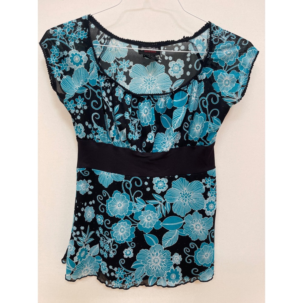 Hot Tempered Floral Mesh Empire Waist Top Turquoise Black Y2K Blouse Medium